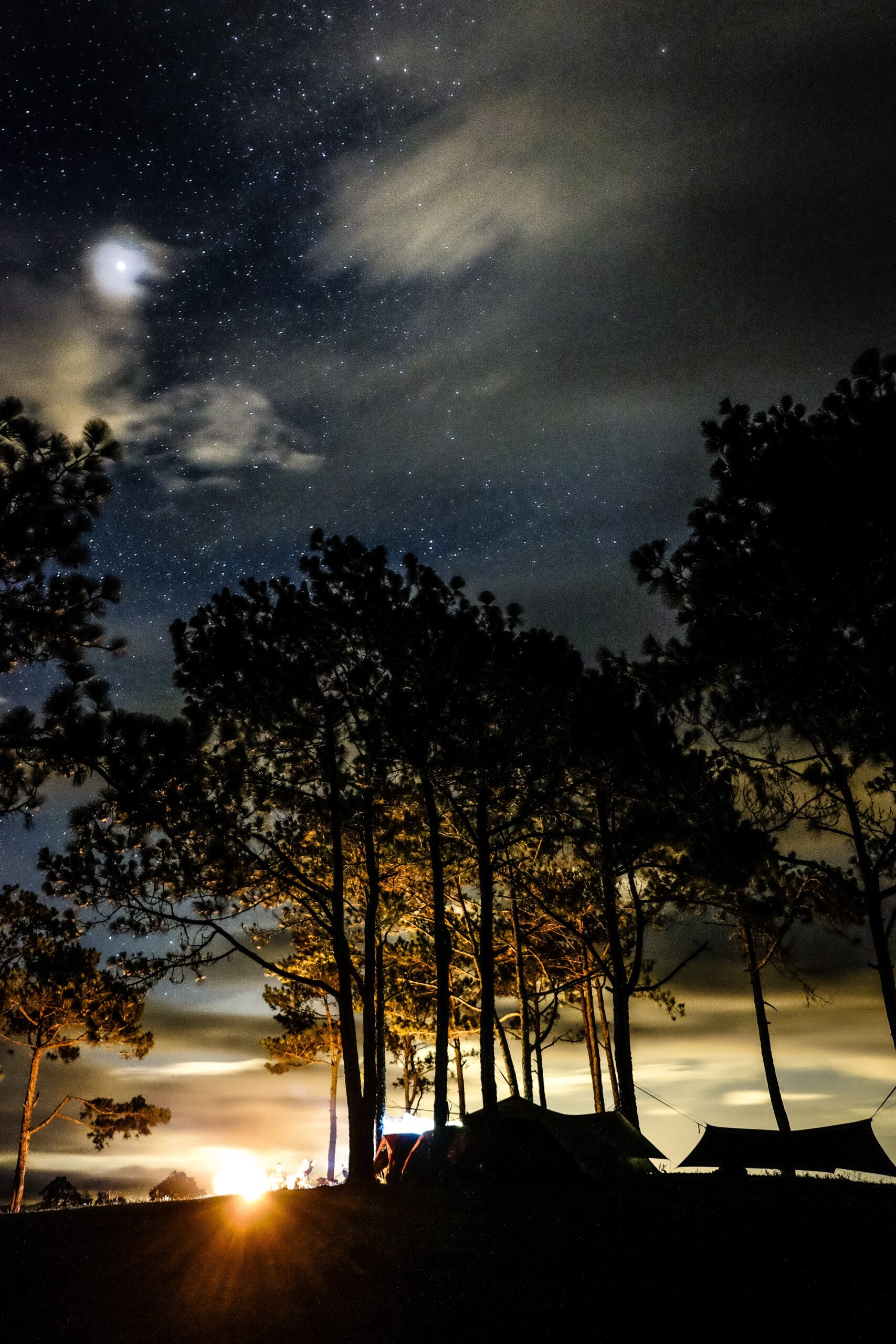 A campsite among a starry night sky with a low setting sun glowing behind trees